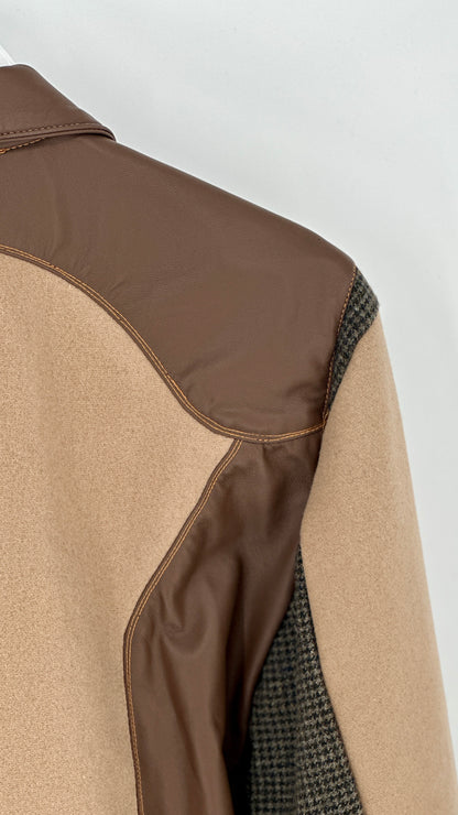 Close-up of a jacket with brown and beige colors on a white background