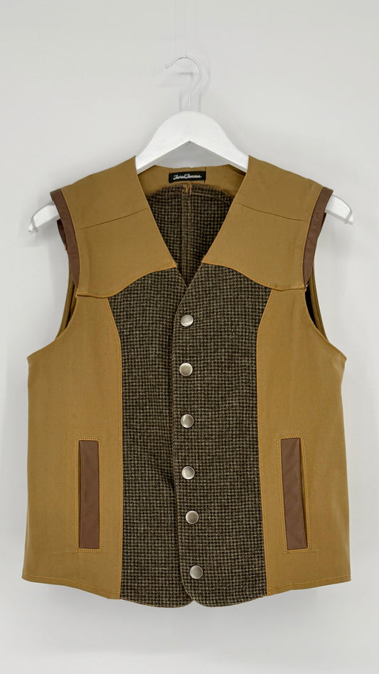 Brown vest with button details on a white background