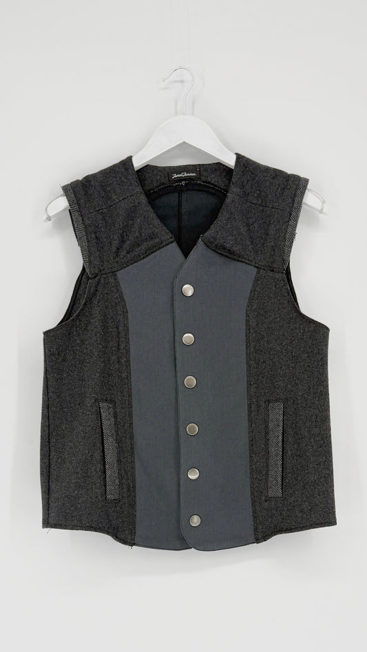 Gray vest with button details on a white background