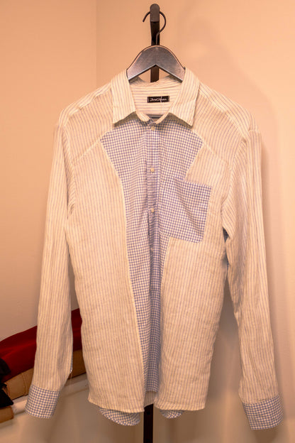 Patchwork Panel Shirt in Pinstripe & Blue Windowpane — front