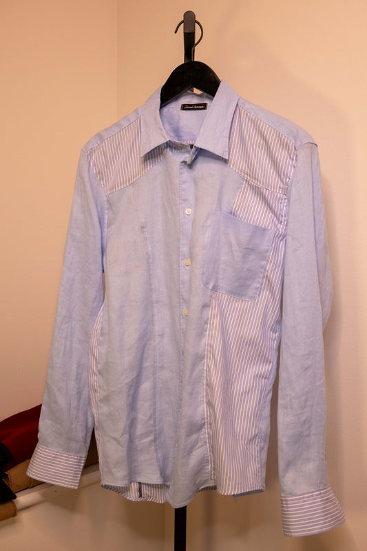 Long-sleeve panel shirt, light blue body with blue-striped panels, front