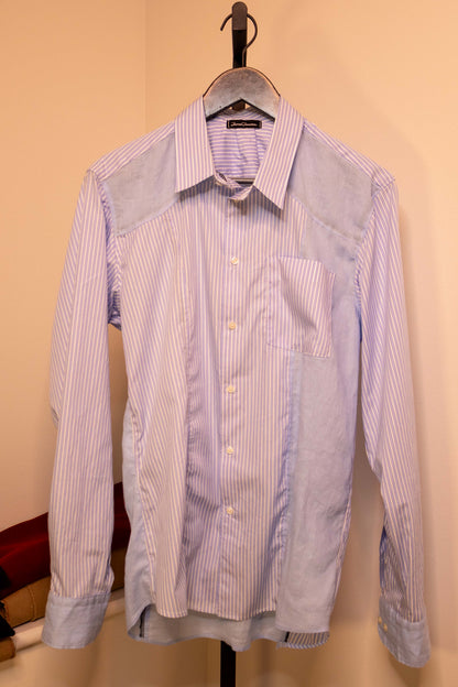 Long-sleeve panel shirt, blue-striped body with solid light blue panels, front