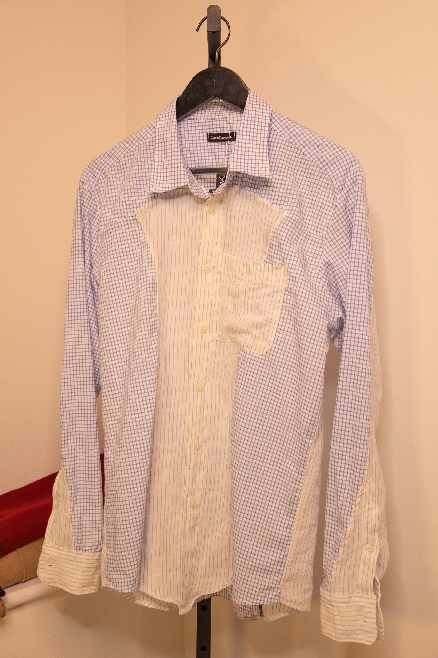 Patchwork Panel Shirt in Blue Windowpane & Pinstripe — front