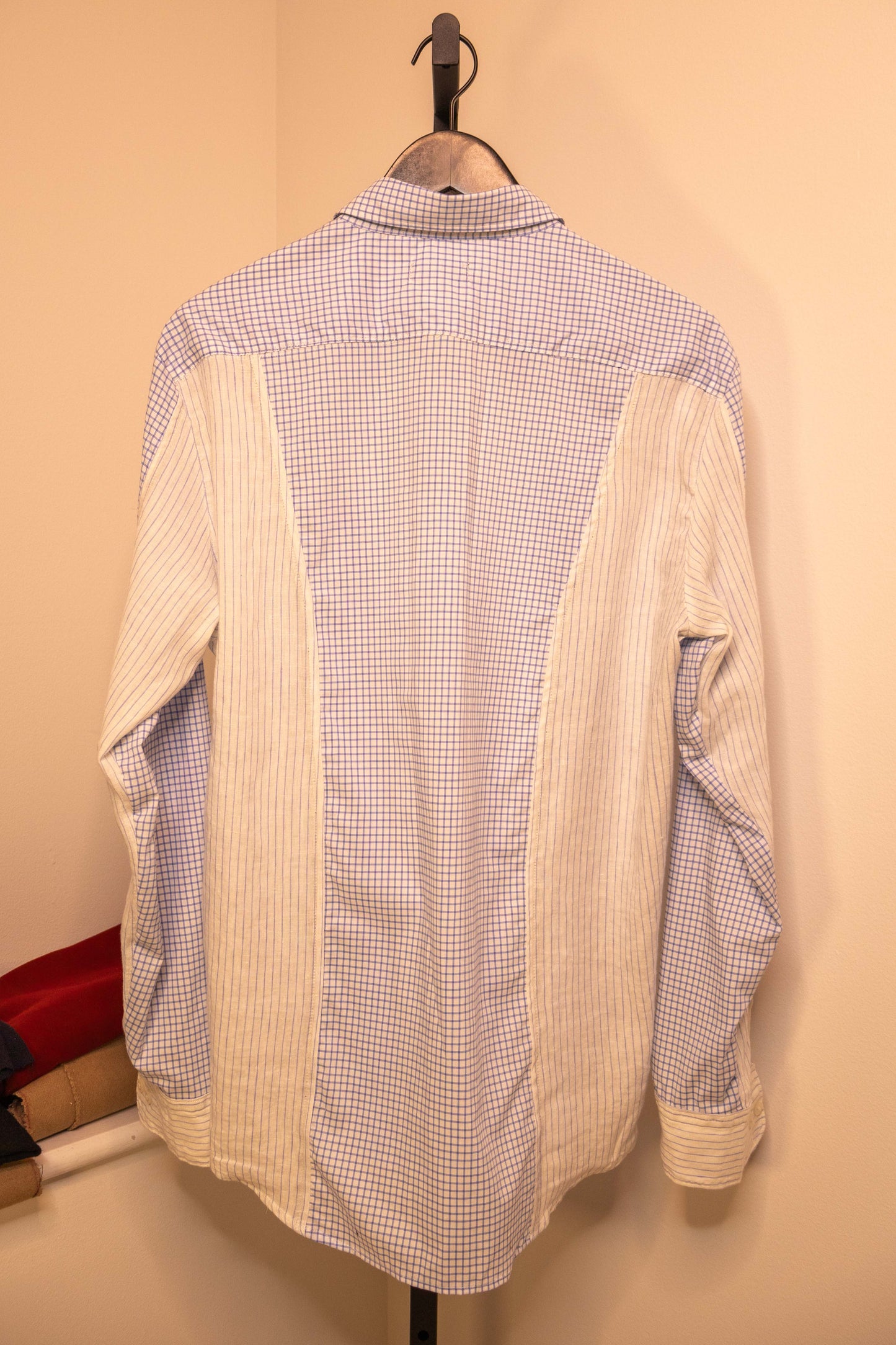Patchwork Panel Shirt in Blue Windowpane & Pinstripe — back