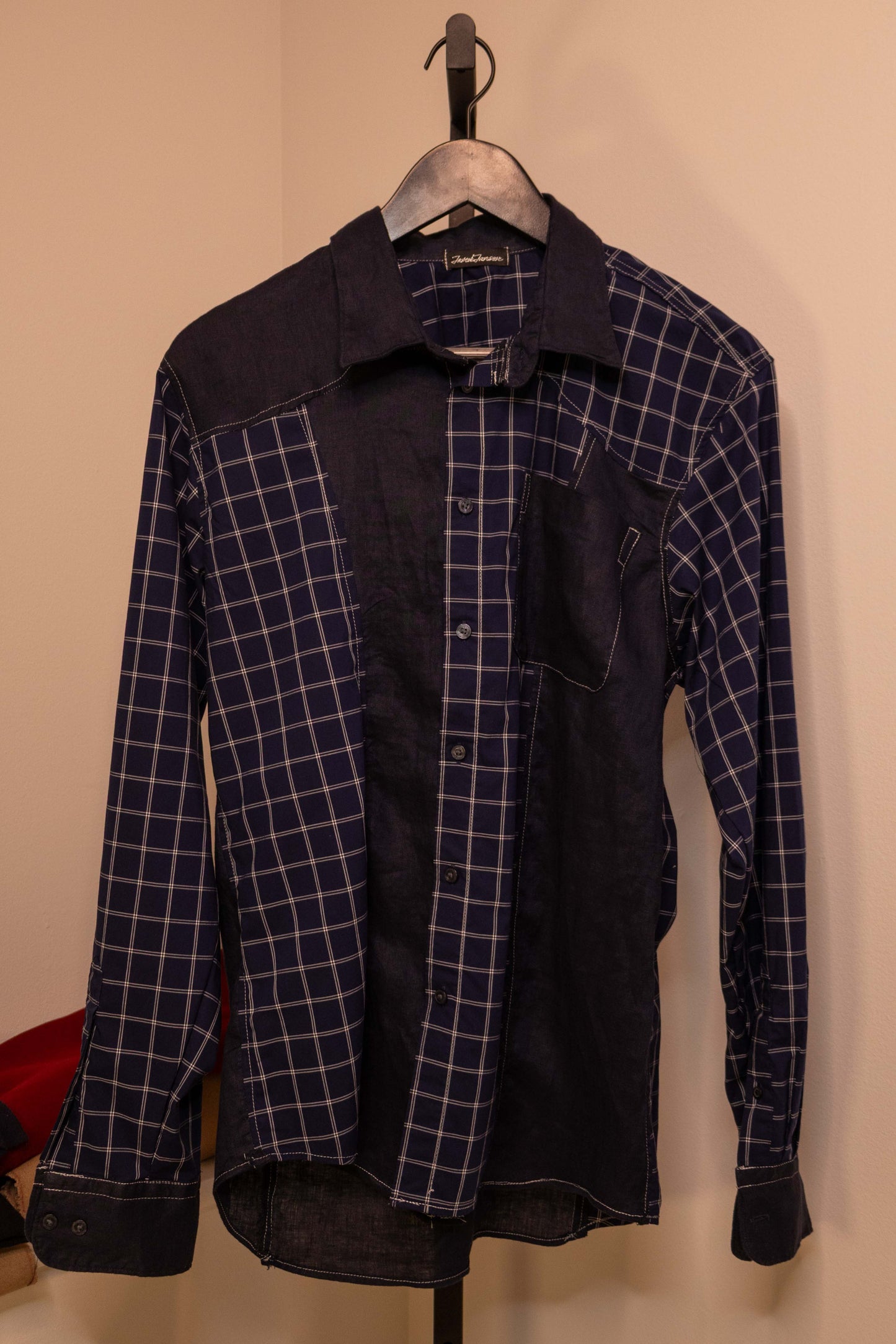 Patchwork Panel Shirt in Navy Windowpane & Navy — front