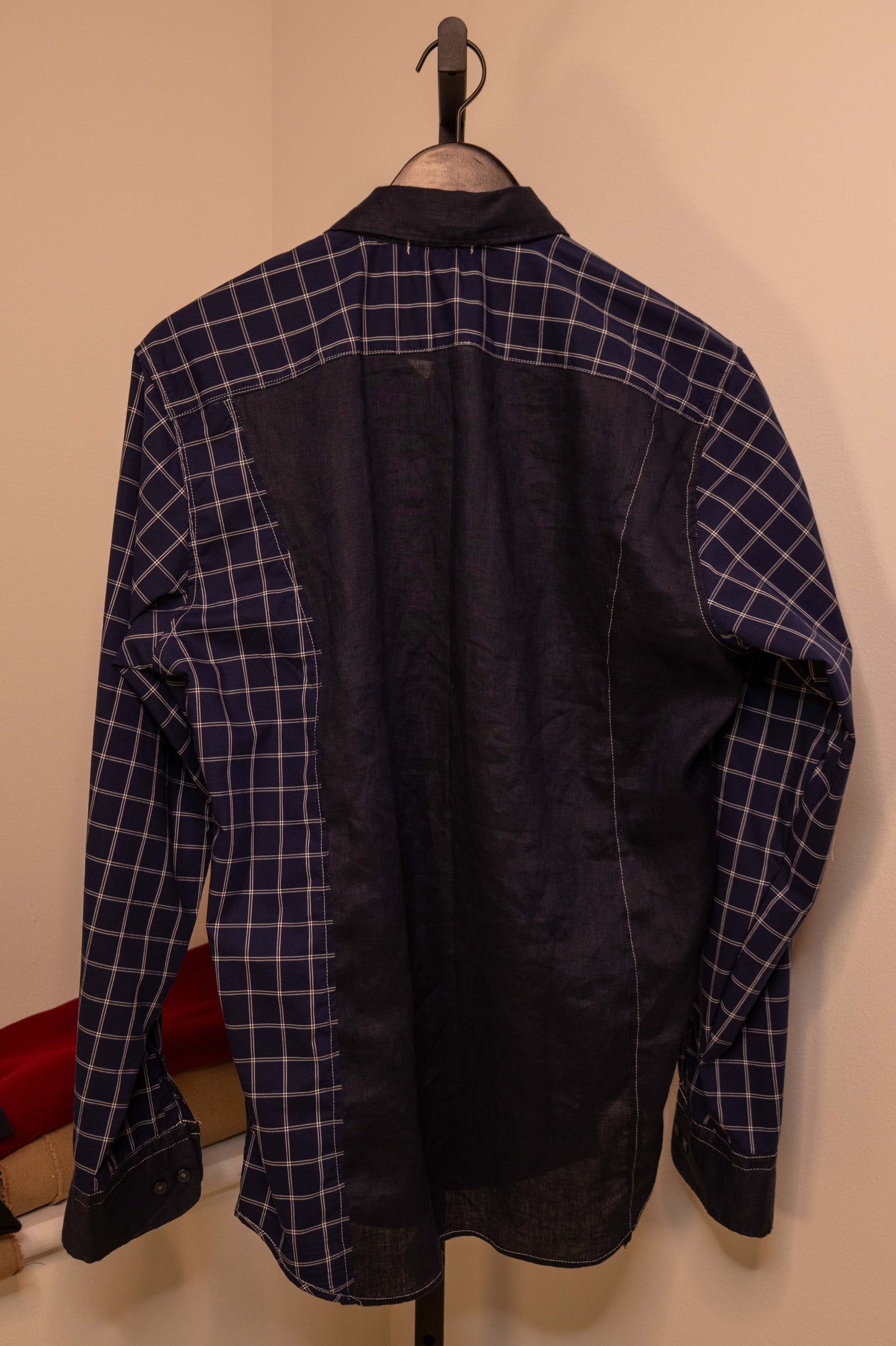 Patchwork Panel Shirt in Navy Windowpane & Navy — back