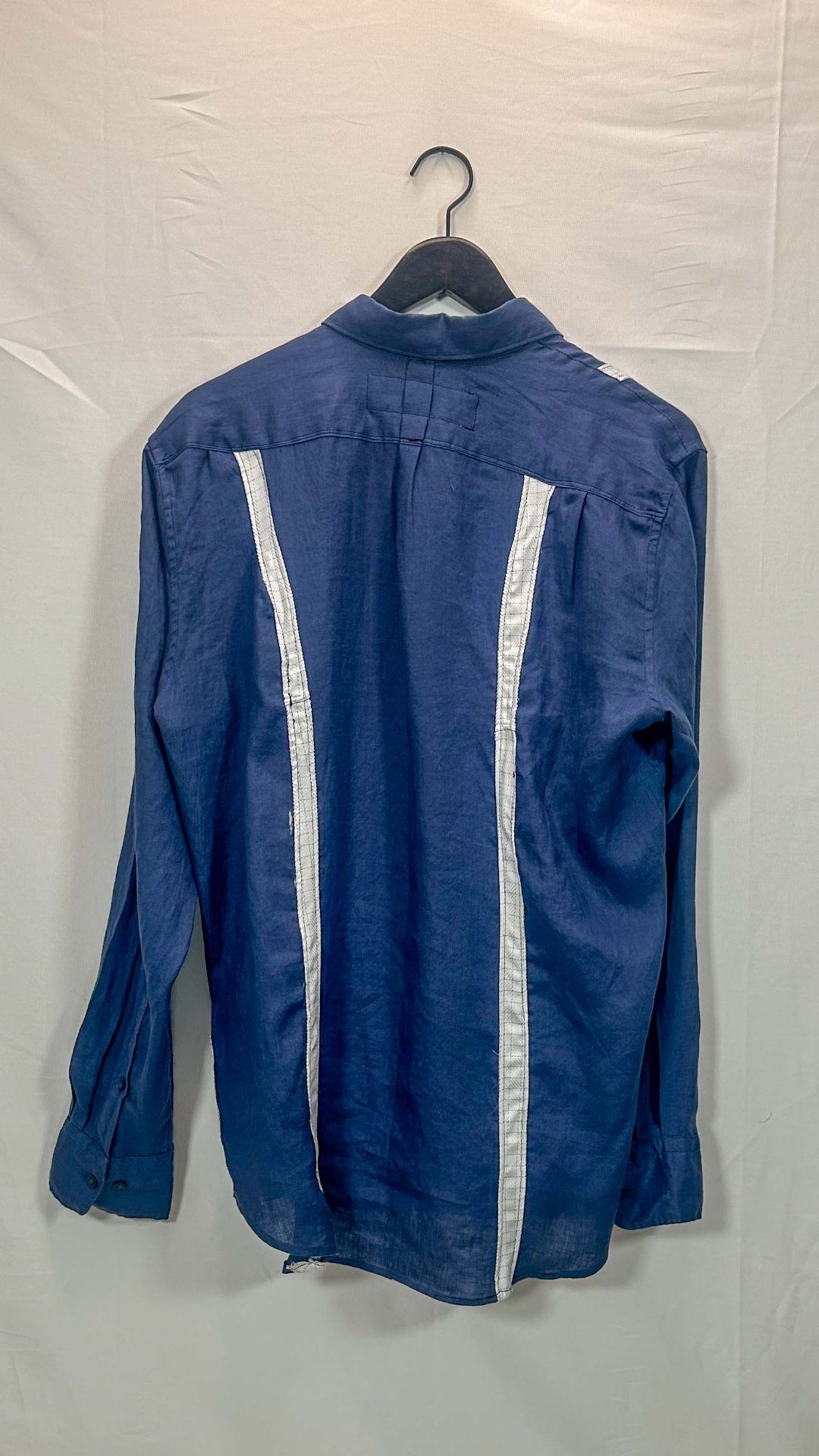 Long-Sleeve Panel Shirt, navy linen with white panel detail, back