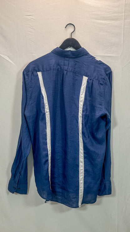 Long-Sleeve Panel Shirt, navy linen with white panel detail, back