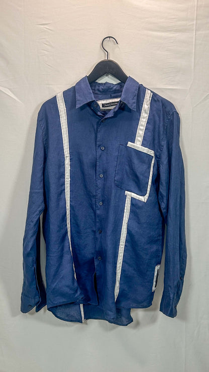 Long-Sleeve Panel Shirt, navy linen with white panel detail, front
