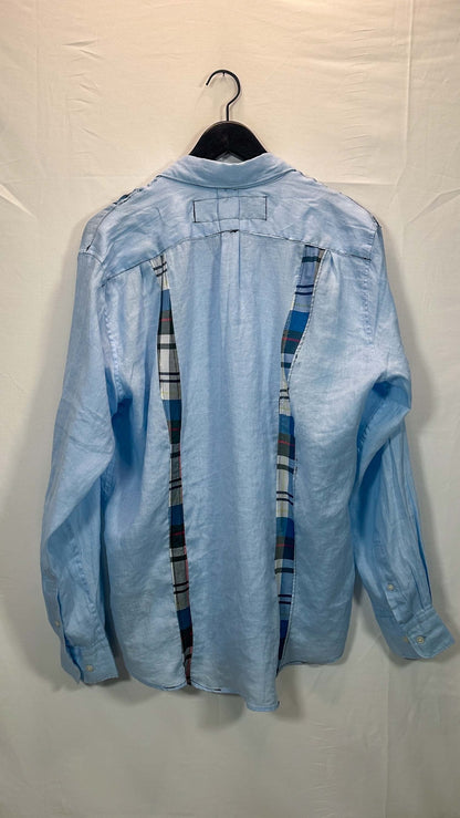 Long-Sleeve Panel Shirt, light blue linen with blue madras plaid panel, back