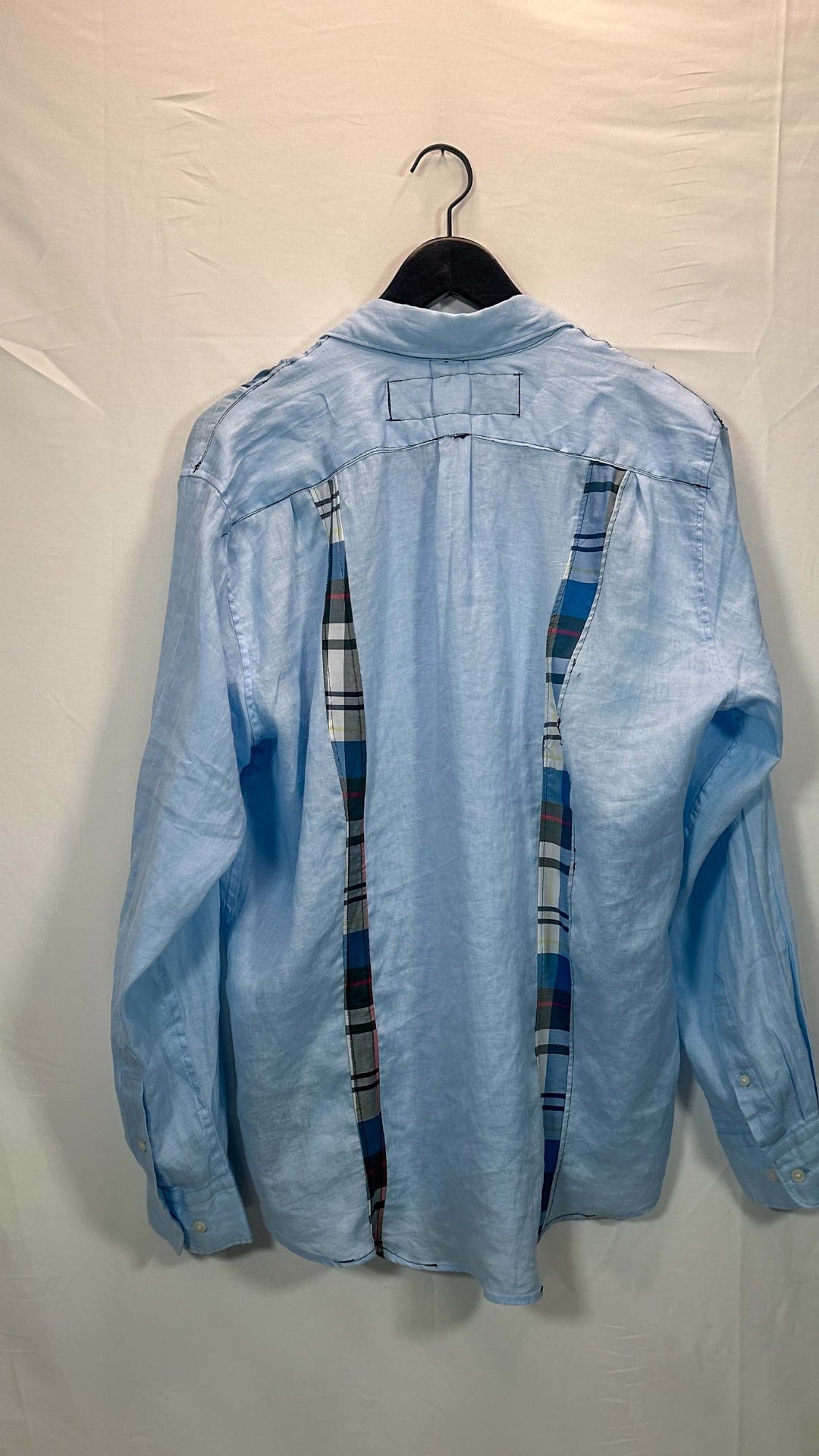 Long-Sleeve Panel Shirt, light blue linen with blue madras plaid panel, back detail