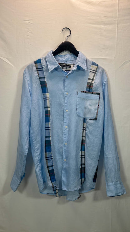 Long-Sleeve Panel Shirt, light blue linen with blue madras plaid panel, front