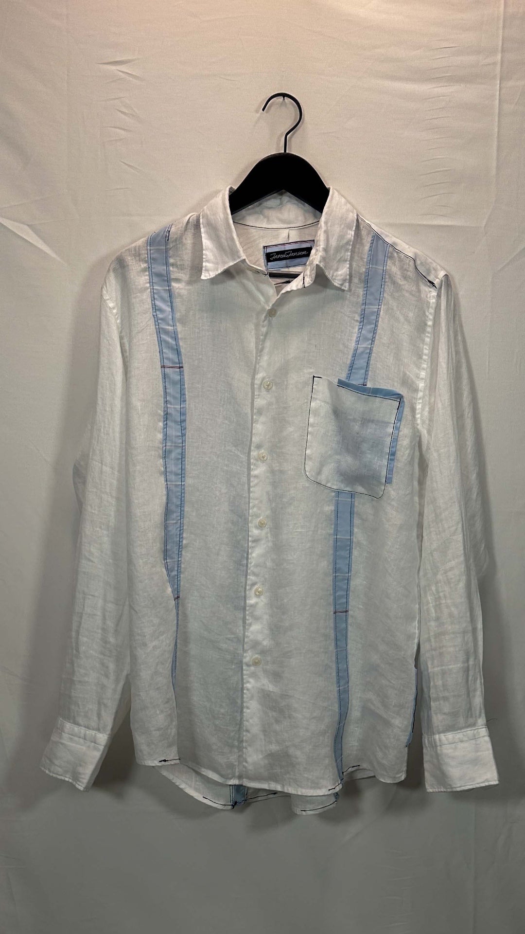 Long-Sleeve Panel Shirt, white linen with light blue panel detail, front