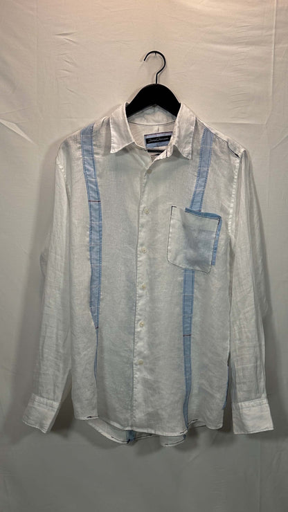 Long-Sleeve Panel Shirt, white linen with light blue panel detail, front