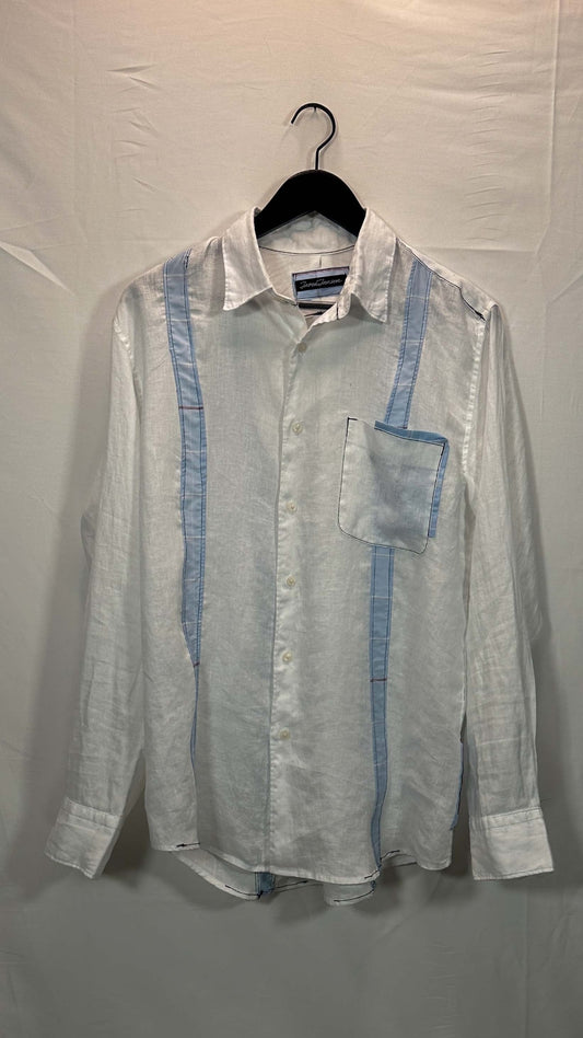Long-Sleeve Panel Shirt, white linen with light blue panel detail, front
